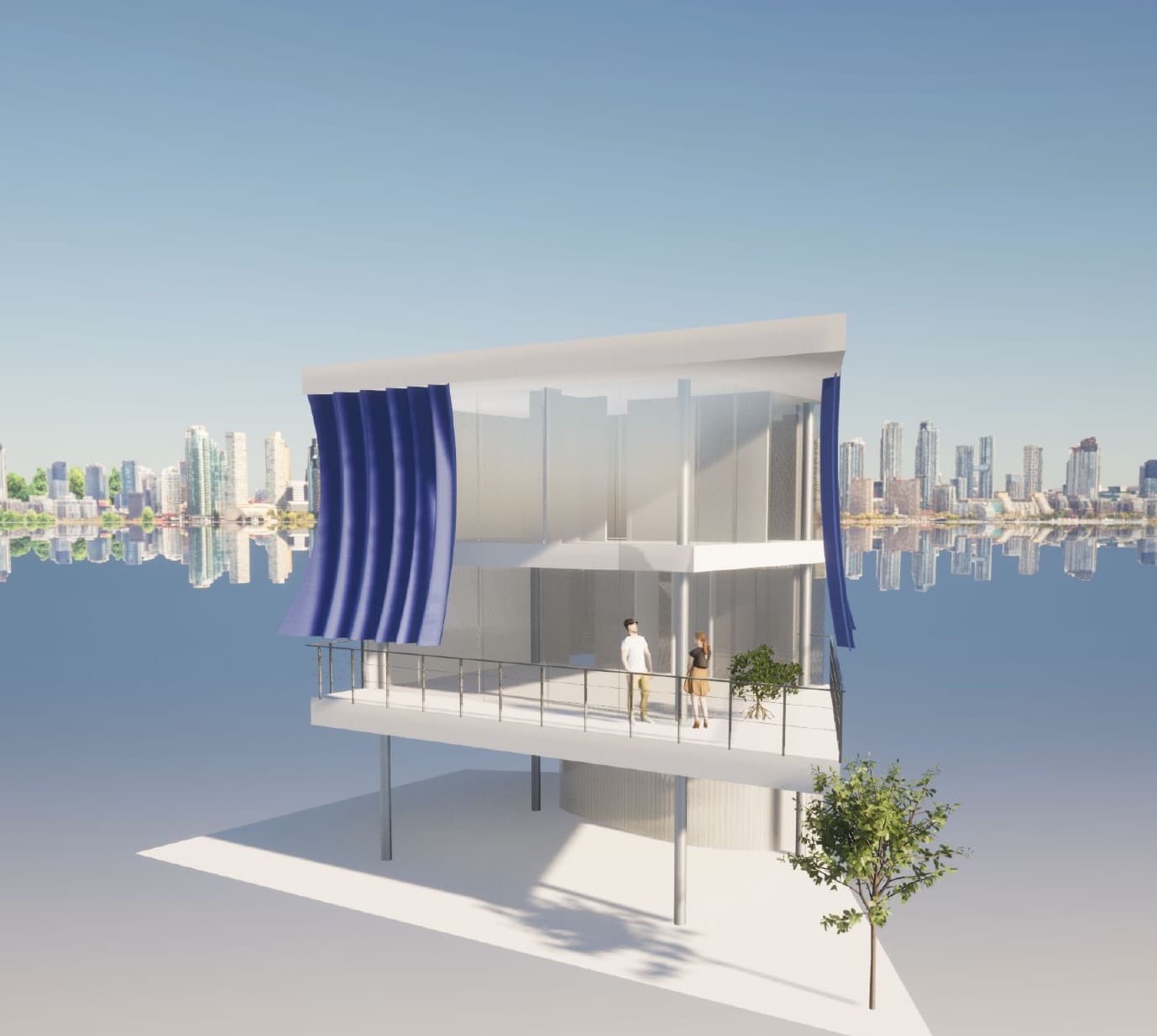 Render of the Curtain Wall House: a glass house on stilts with blue fabric curtains