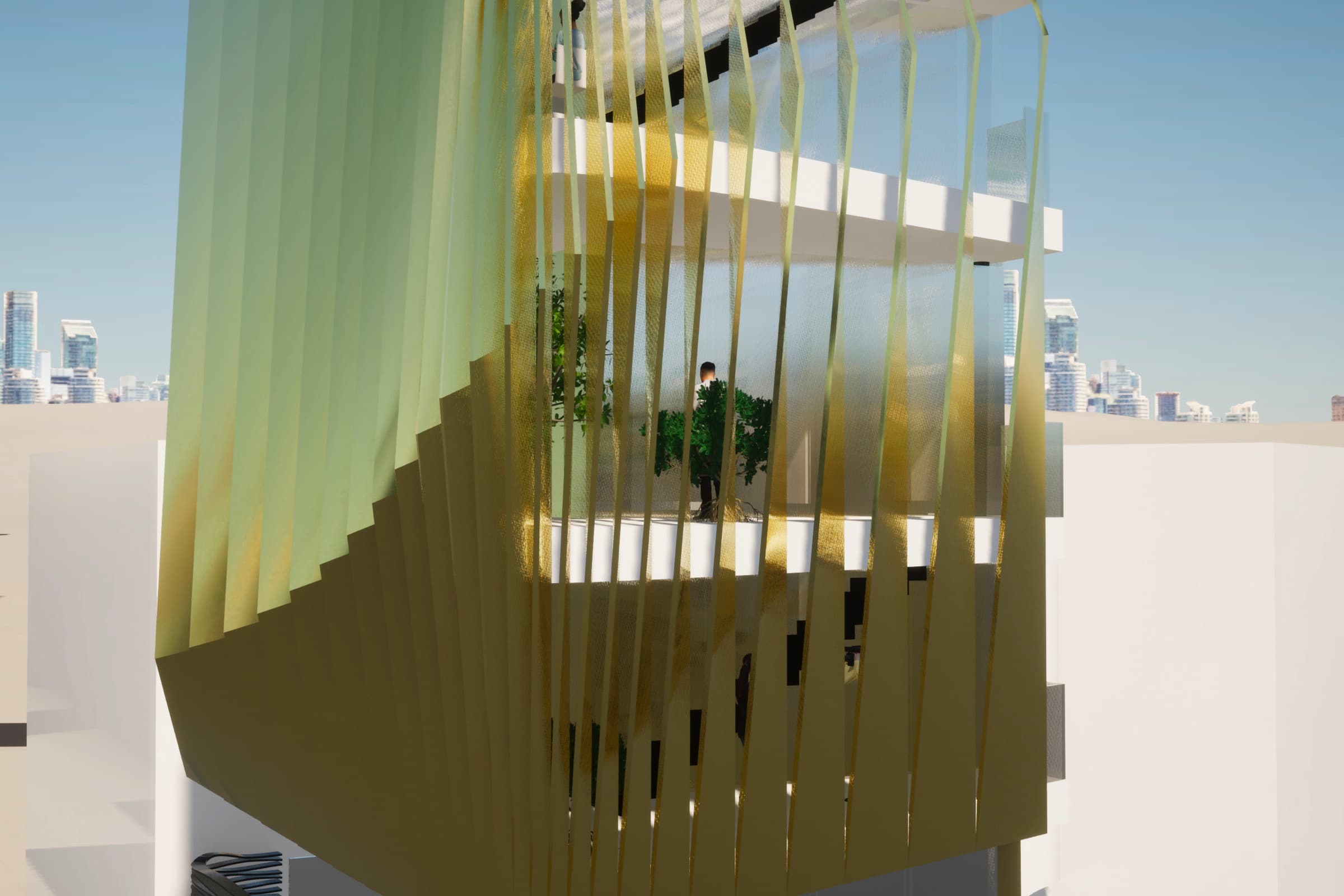 Render of the Louvre Garden House: gold louvres wrapping a glass house