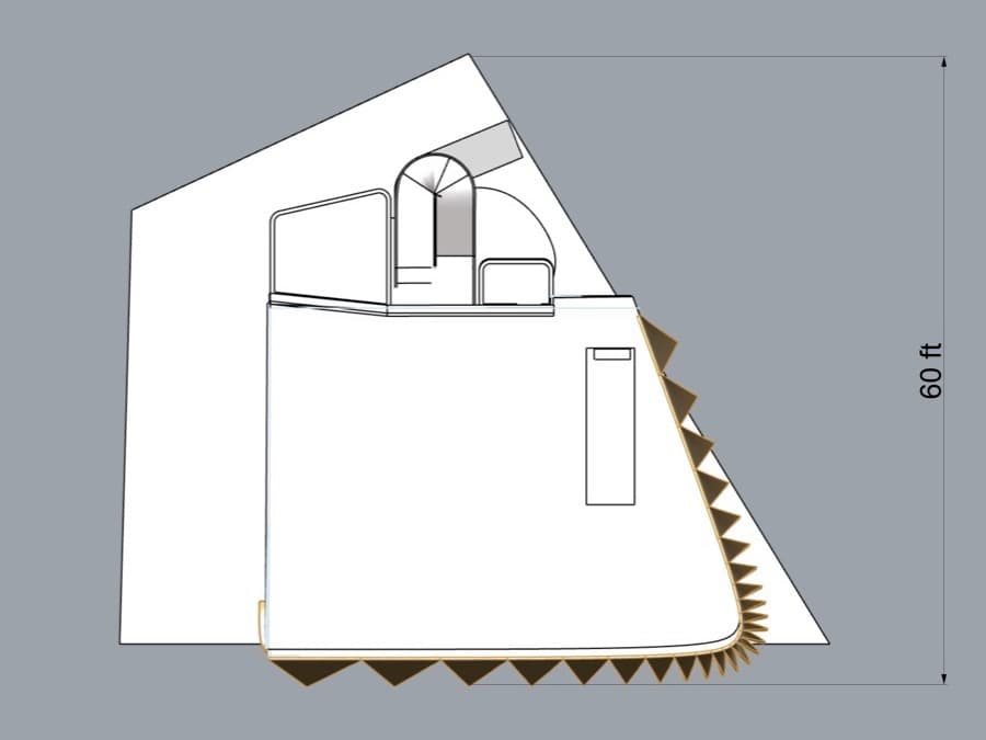 Plan drawing of the Louvre Garden House: gold louvres wrapping the corner of the building