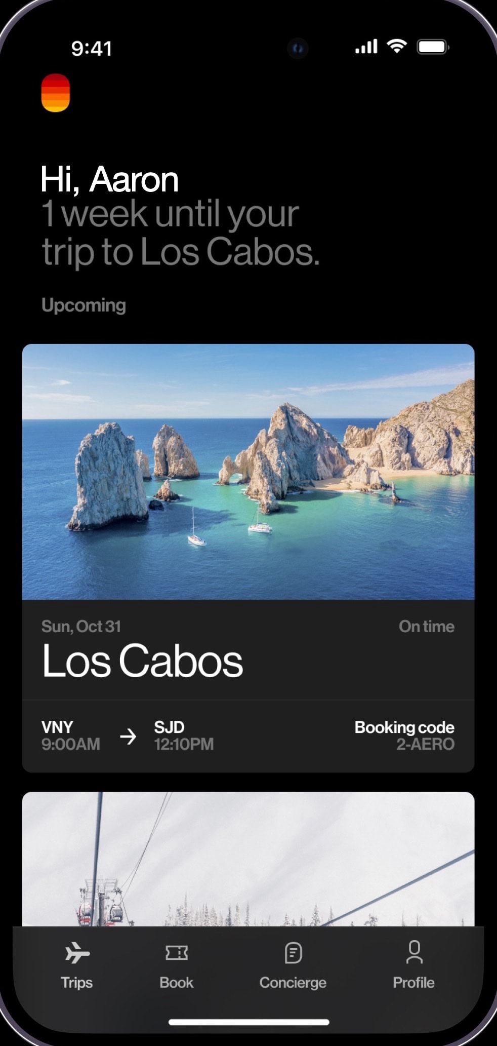 Aero iOS app, Trips: 'Hi, Aaron. 1 week until your trip to Los Cabos', with the upcoming flight card