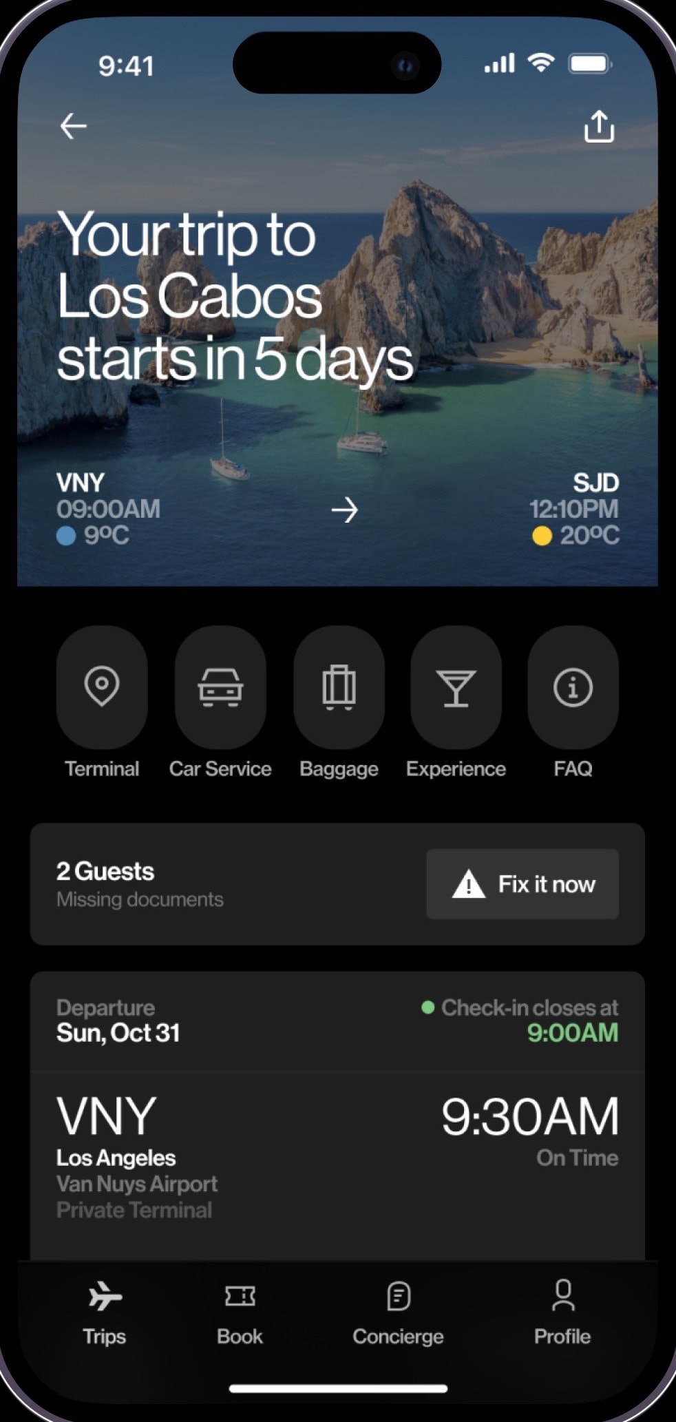 Aero iOS app, Day of travel: 'Your trip to Los Cabos starts in 5 days', with terminal, car service, baggage and check-in