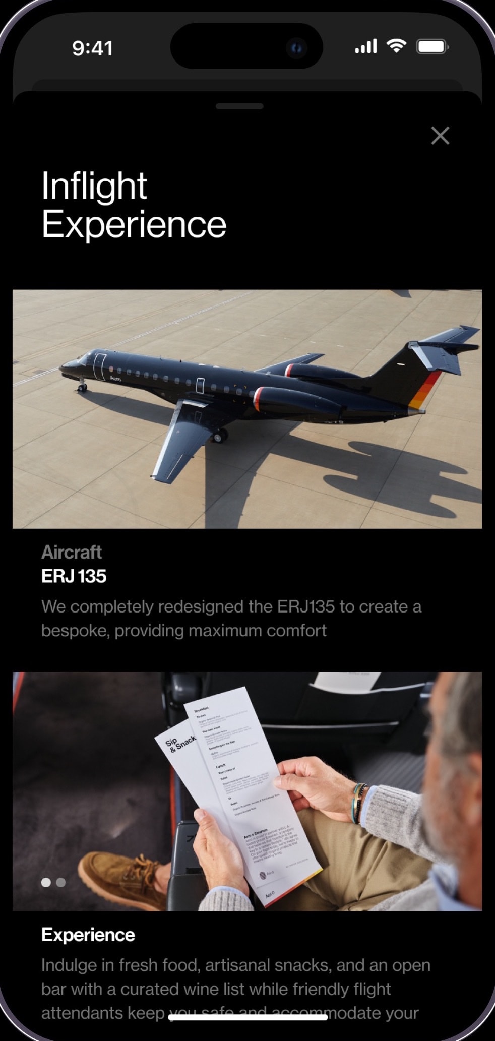 Aero iOS app, Inflight Experience: the ERJ 135 aircraft and onboard experience
