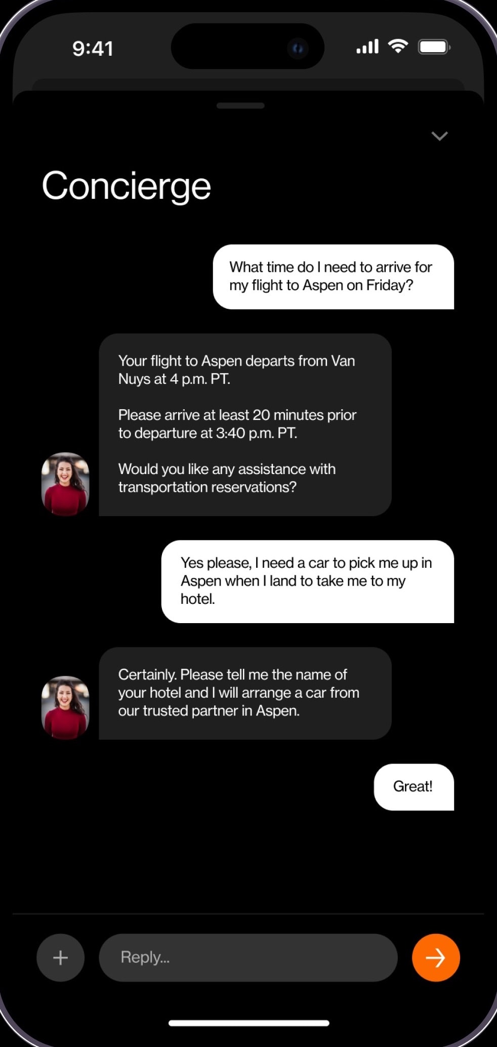 Aero iOS app, Concierge: a chat with the Aero concierge about arrival time and a car to the hotel