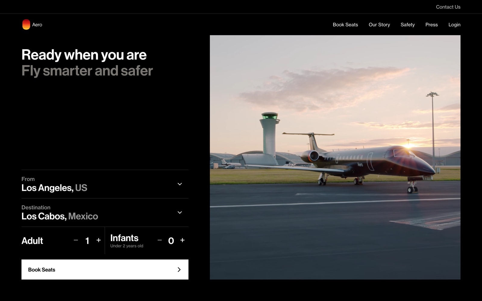 Aero website in April 2022: 'Ready when you are. Fly smarter and safer.' with a stacked booking form beside a jet photo