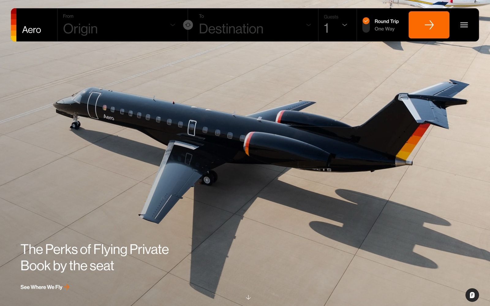 Aero website in 2024: one booking bar with a Round trip / One way toggle over a full-bleed photo of an Aero jet