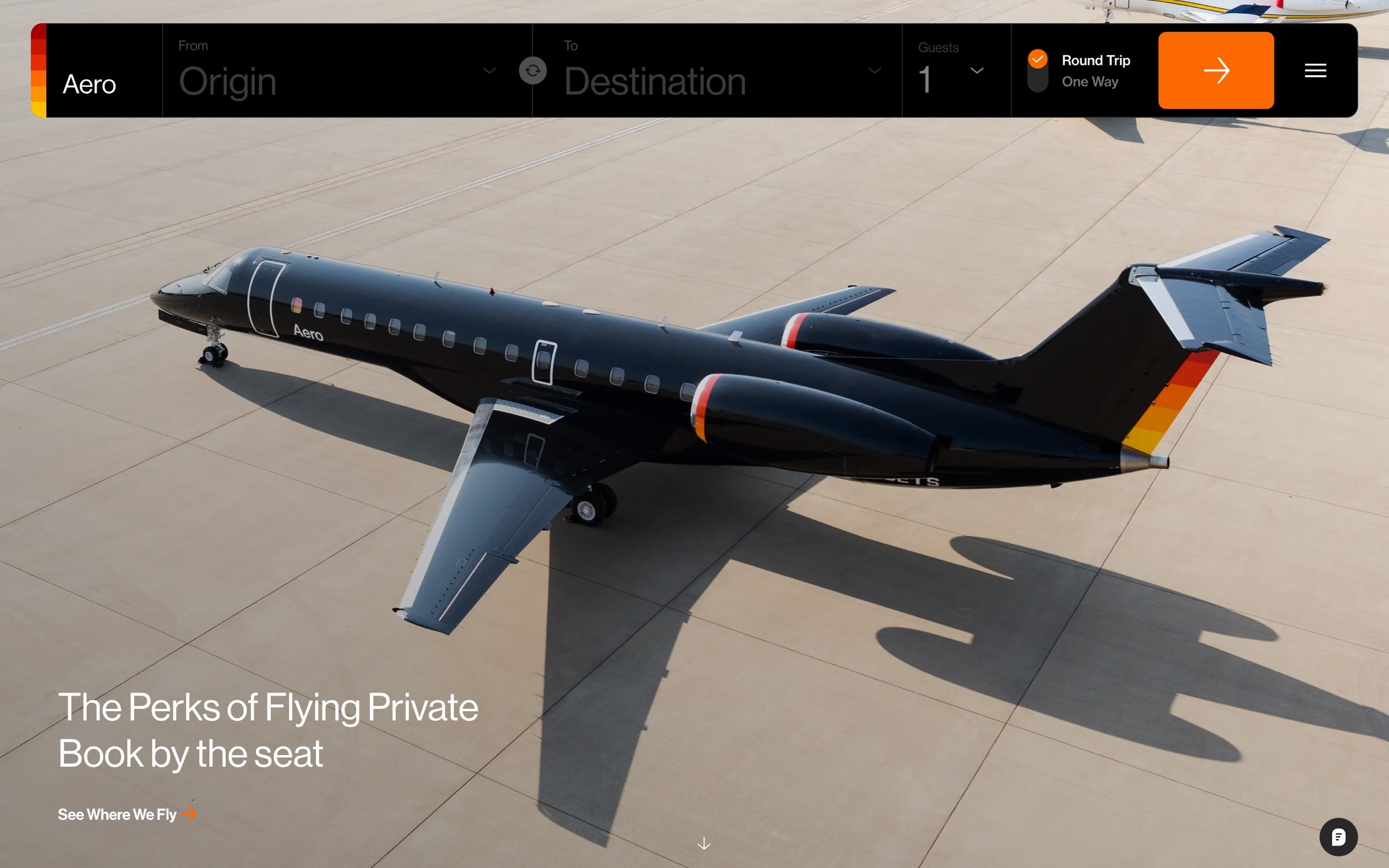 Aero website, 2024: a booking bar with origin, destination, guests and a Round trip / One way toggle over an aerial photo of an Aero jet; 'The Perks of Flying Private. Book by the seat.'