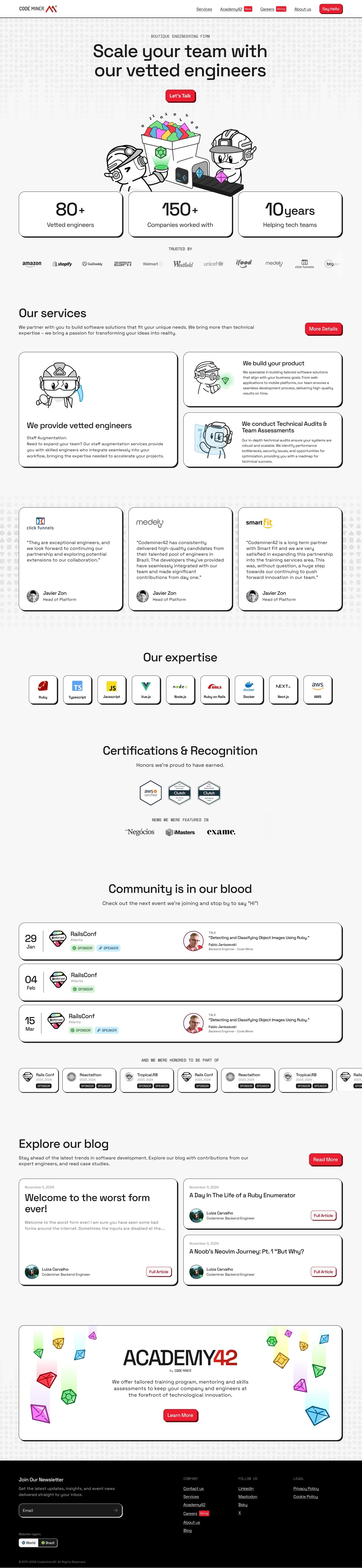 The Codeminer42 homepage design, from 'Scale your team with our vetted engineers' down to the footer