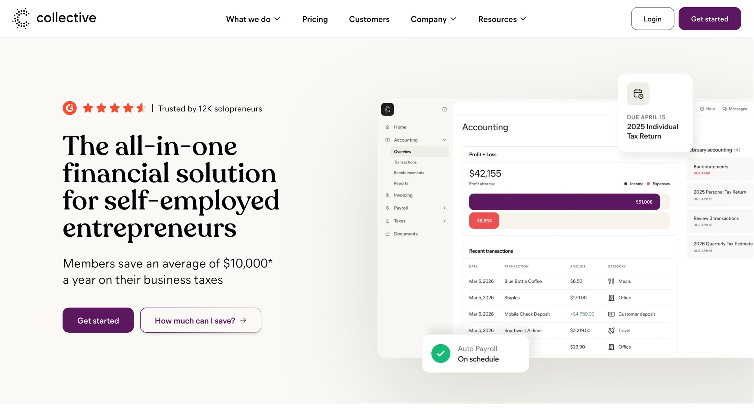 Collective homepage: 'The all-in-one financial solution for self-employed entrepreneurs' beside an accounting dashboard