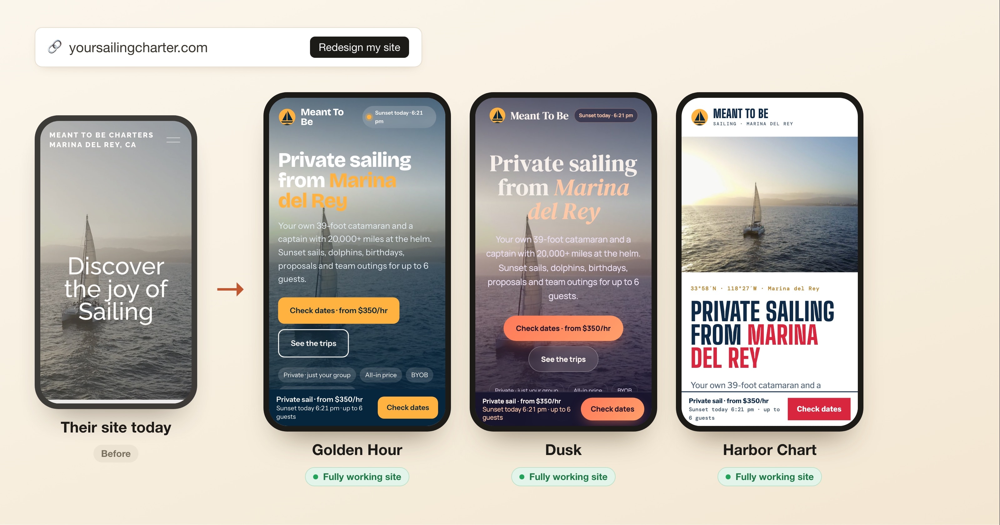 A sailing charter's original homepage on a phone, then three fully working redesigns Hayes built from it: Golden Hour, Dusk and Harbor Chart