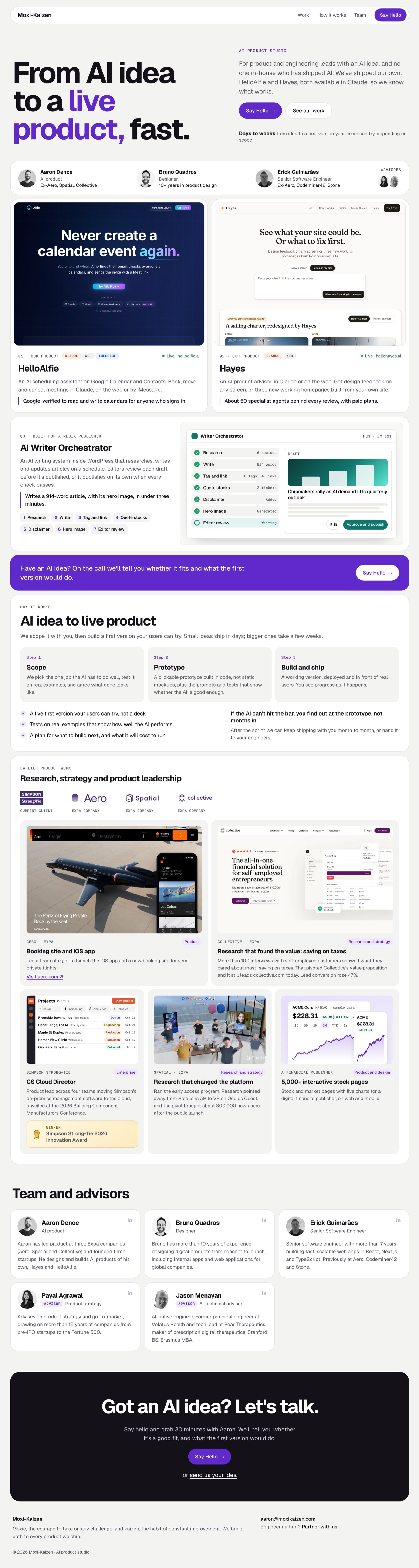 The Moxi Kaizen homepage, from 'From AI idea to a live product, fast.' through the work and team to the footer