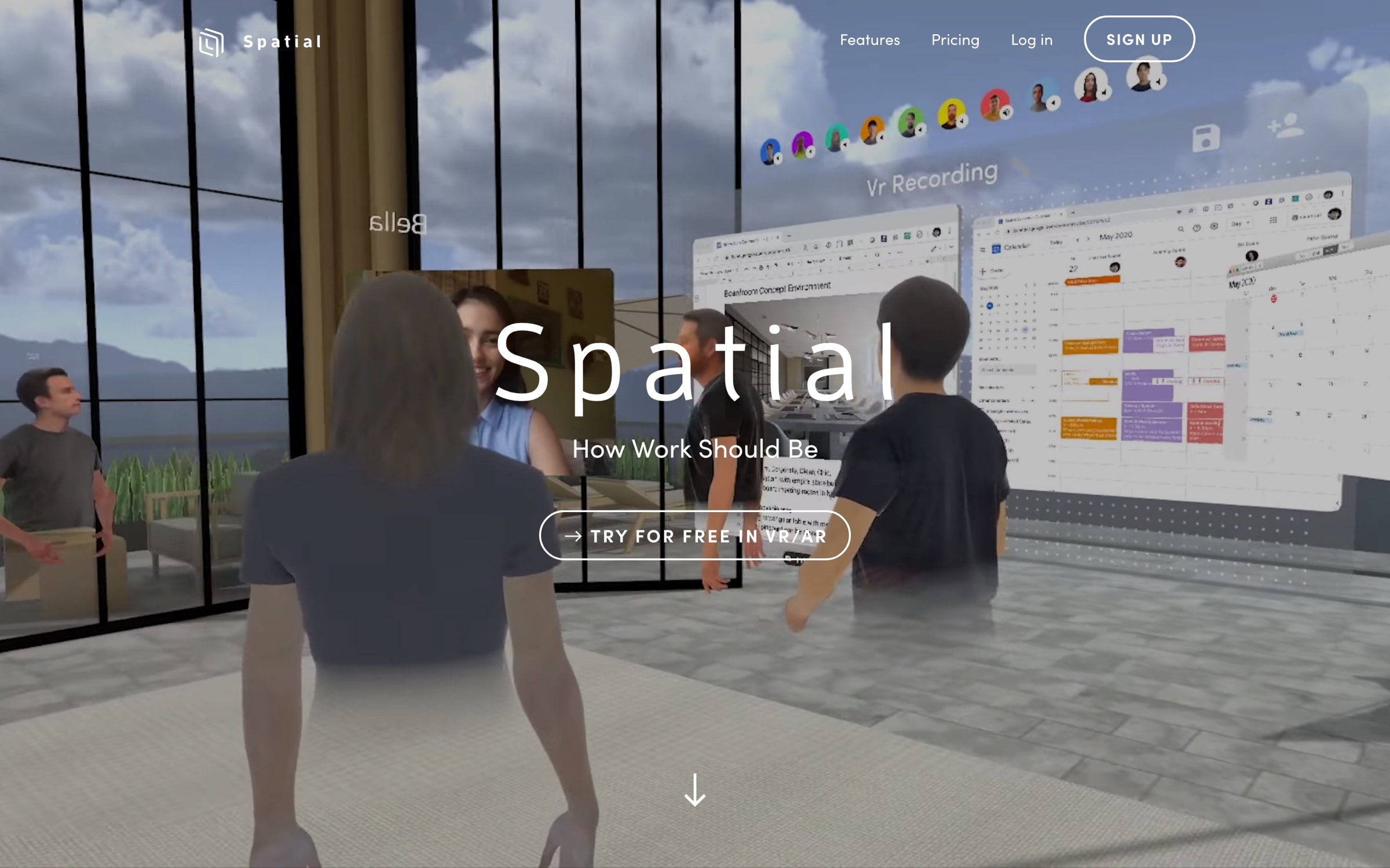 Spatial's public launch website, November 2020: 'Spatial. How Work Should Be.' with 'Try for free in VR/AR' over a shared VR workspace