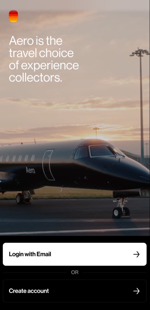 Aero iOS app welcome screen: an Aero jet at sunset, with Login with Email and Create account