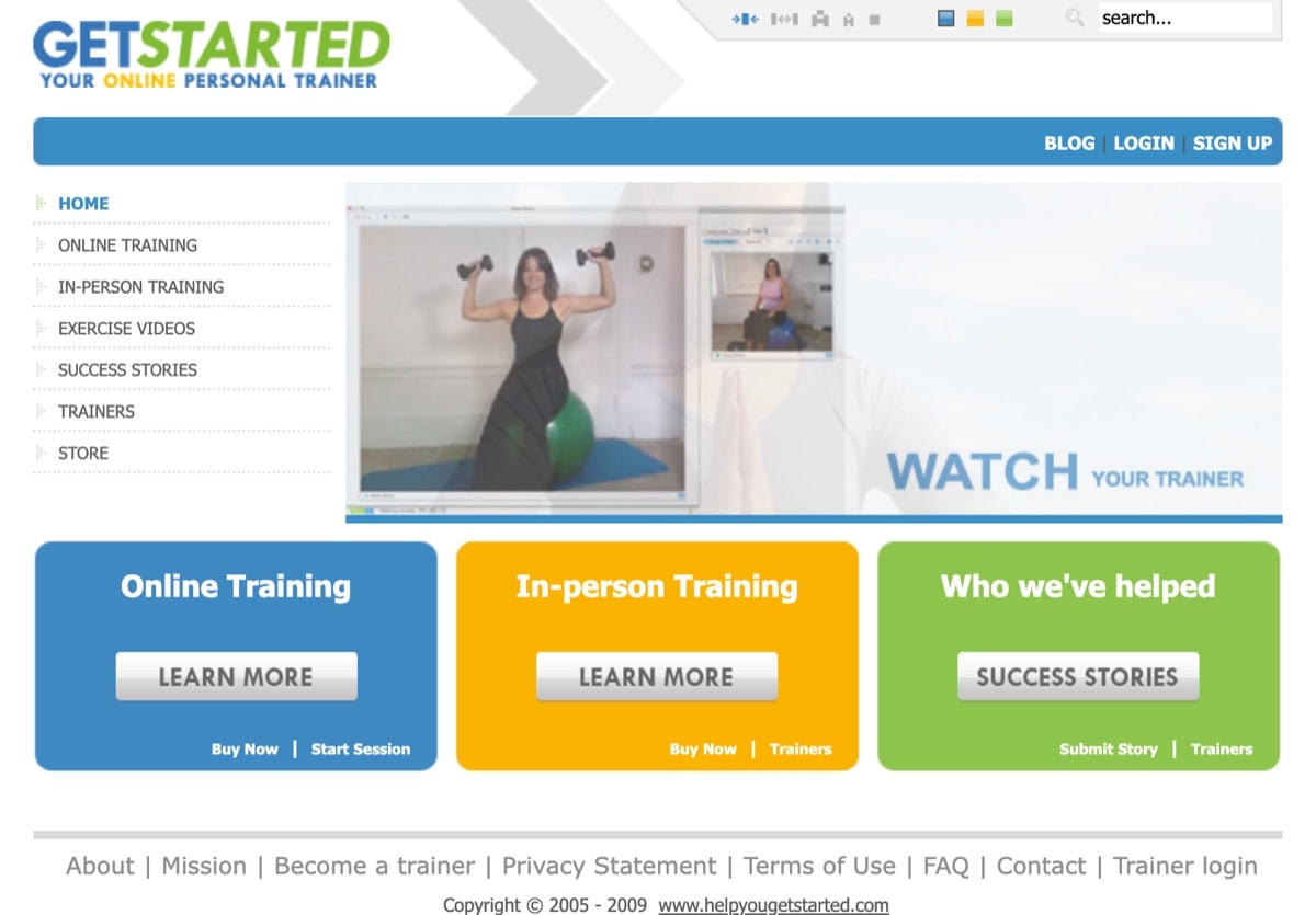 Get Started website, 2009: your online personal trainer, with a live video training session