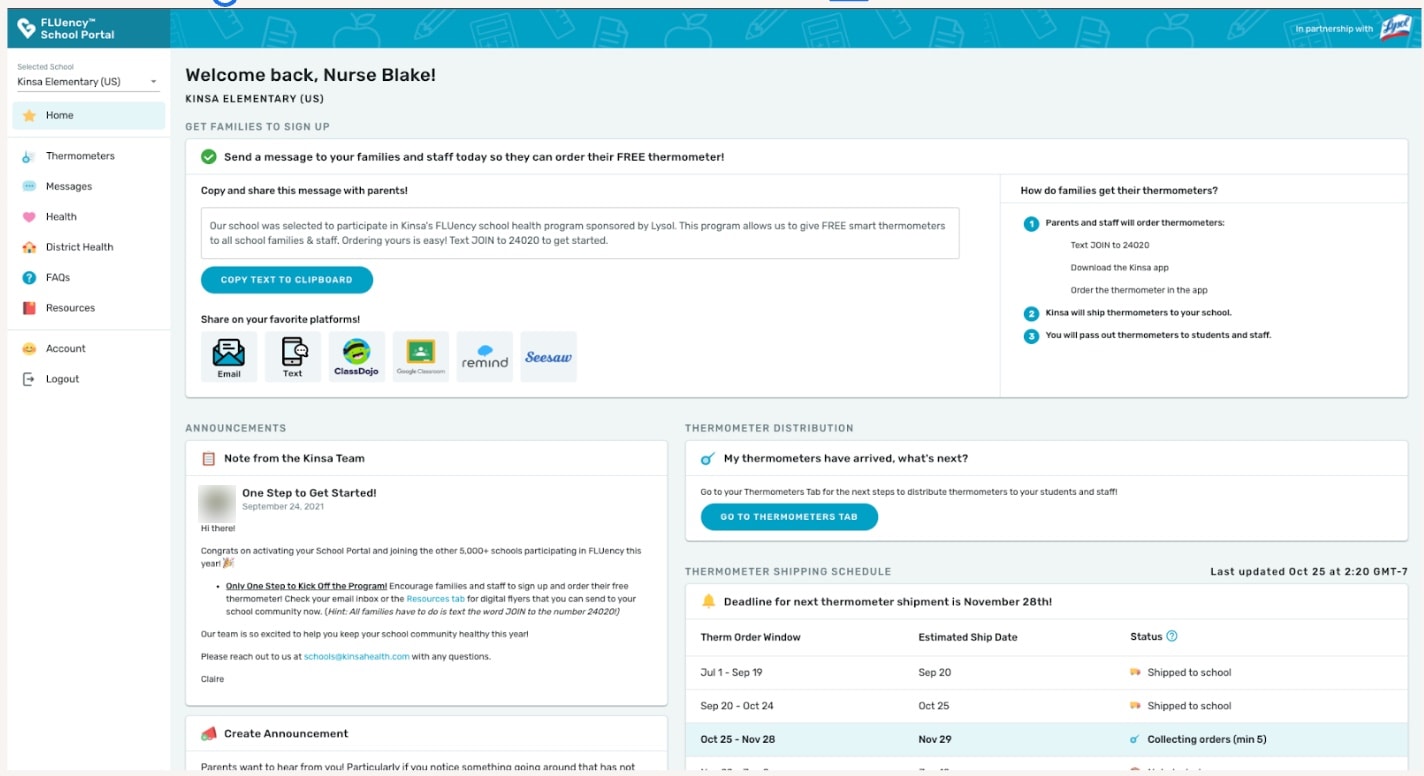 Kinsa FLUency school portal: a message for families to order their free thermometer, and the thermometer shipping schedule