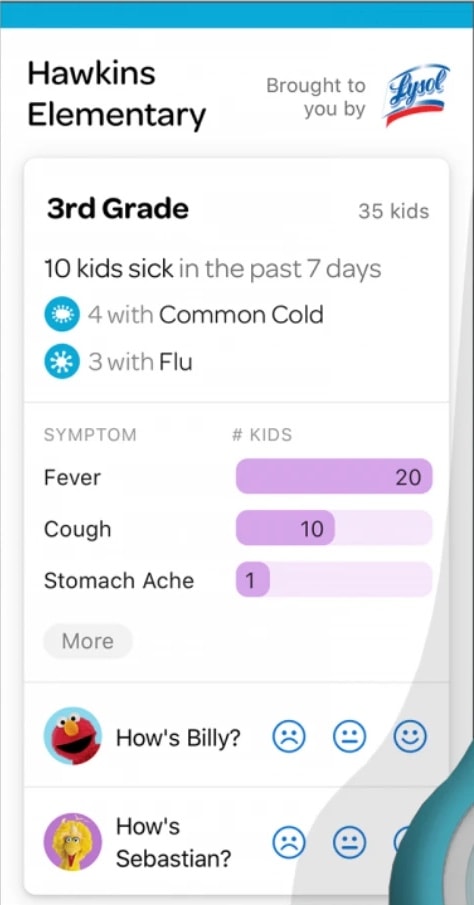 Kinsa app for a school: 10 kids sick in the past 7 days in 3rd grade, with symptoms by count