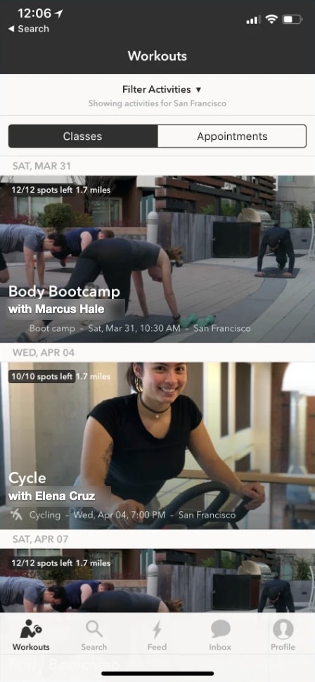 Trainer SF app, 2018: a list of nearby classes in San Francisco, with spots left and distance